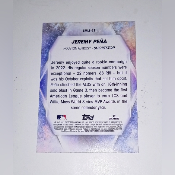 Jeremy Peña Stars Of MLB Topps 2023 Update Series #SMLB-72 - Picture 2 of 2